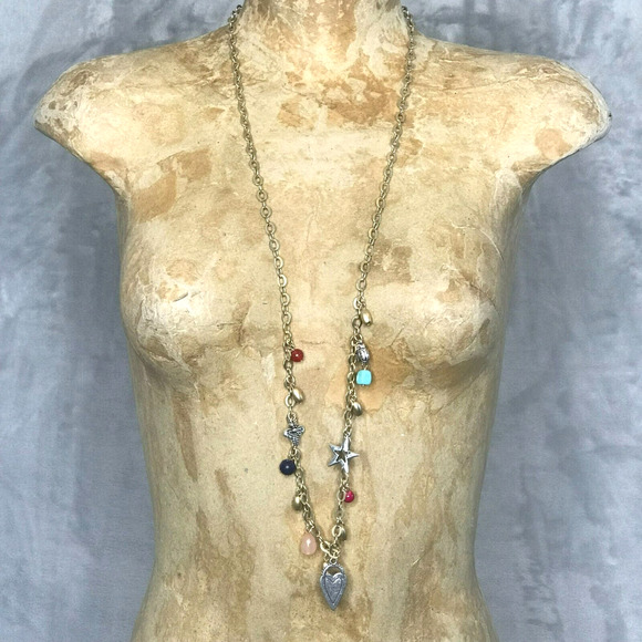 Chicos Necklace Brushed Gold Tone Chain Beaded Ladybug Star Heart Butterfly - Picture 1 of 4